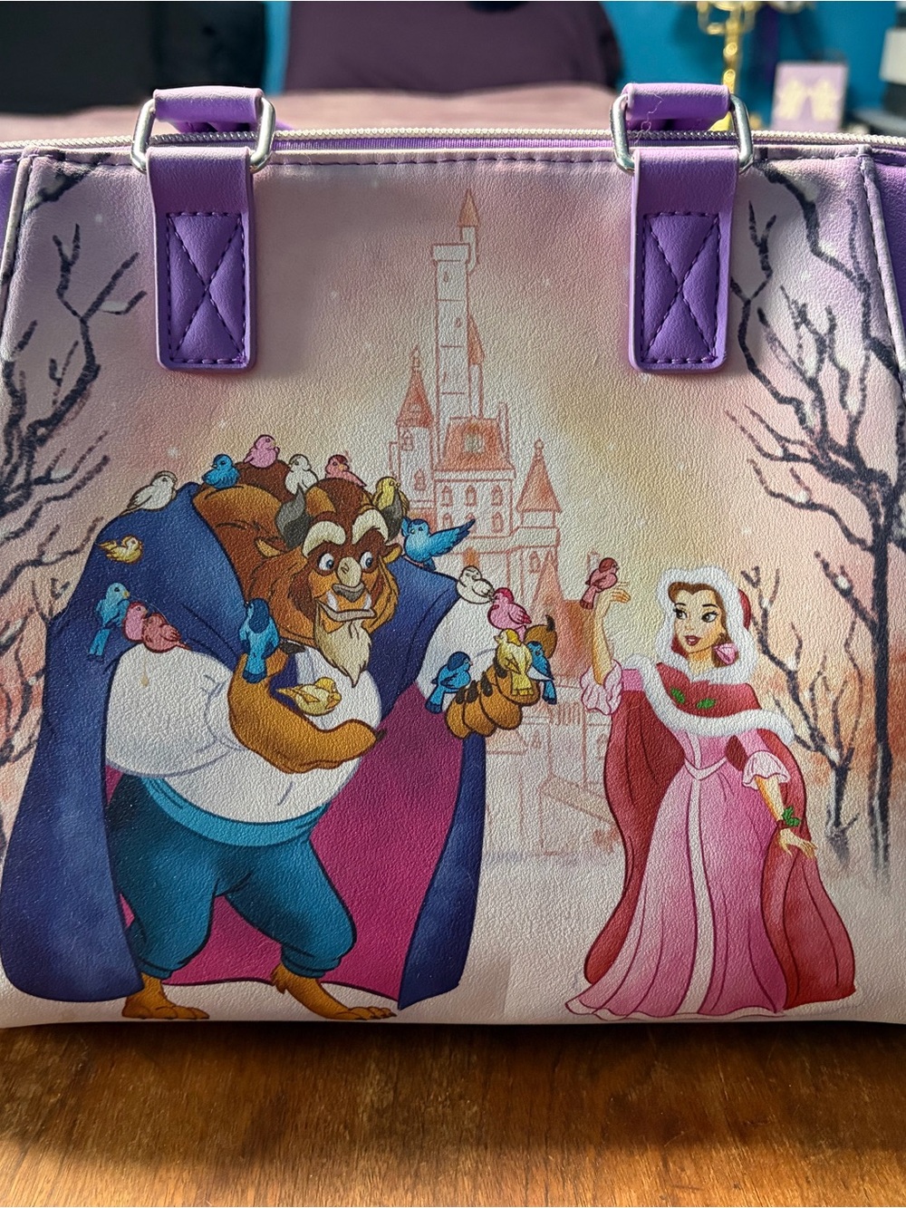 Loungefly Beauty and the Beast Christmas, purple purse and wallet